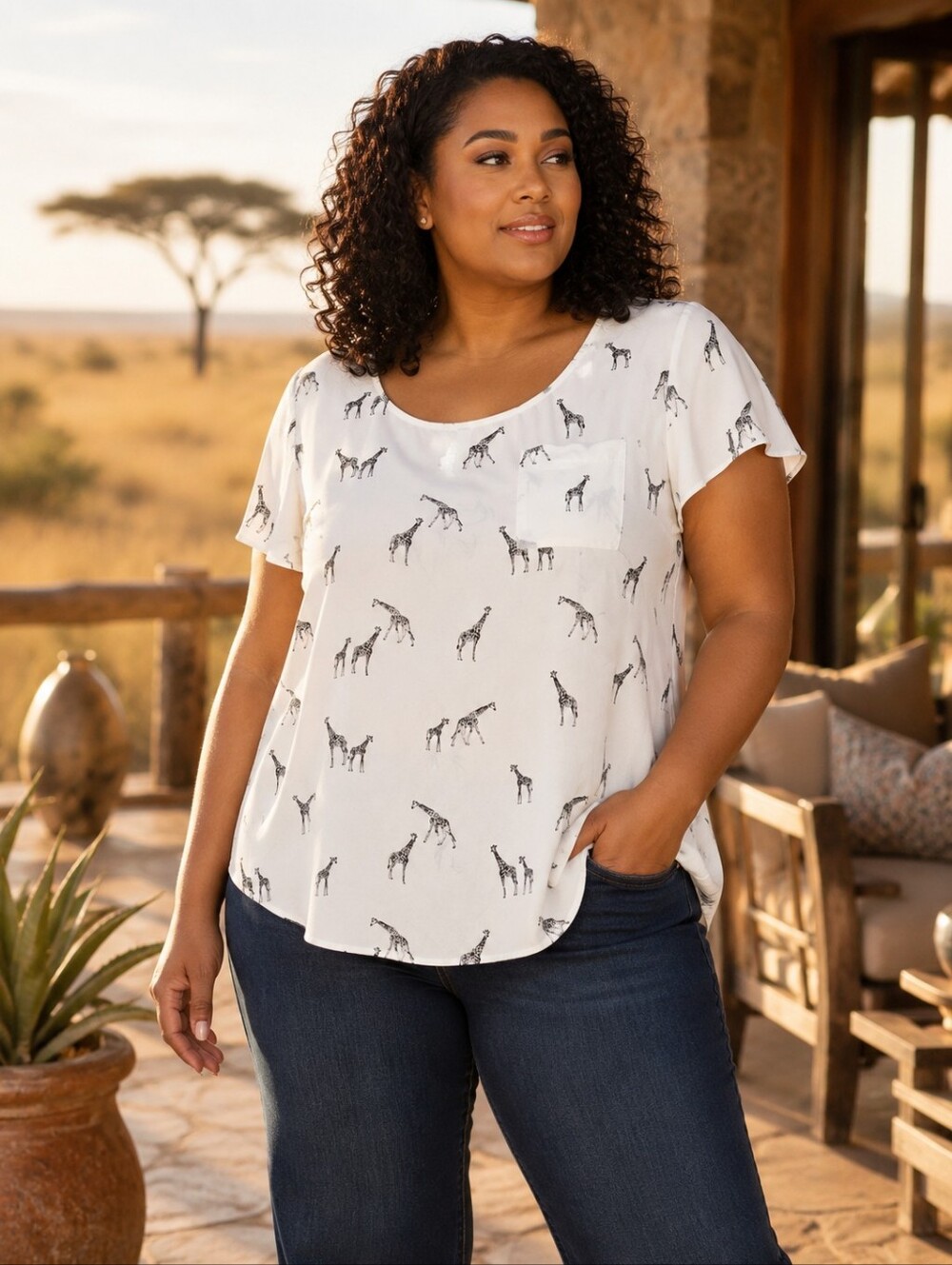 Torrid Ivory Giraffe Print Crepe Button Back Blouse Top 3X